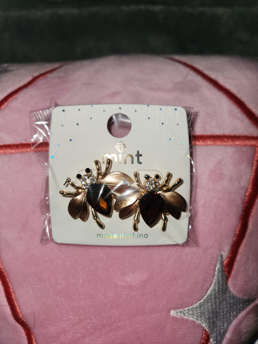 Mint Gold Bee Earrings with Dark Amber Gems